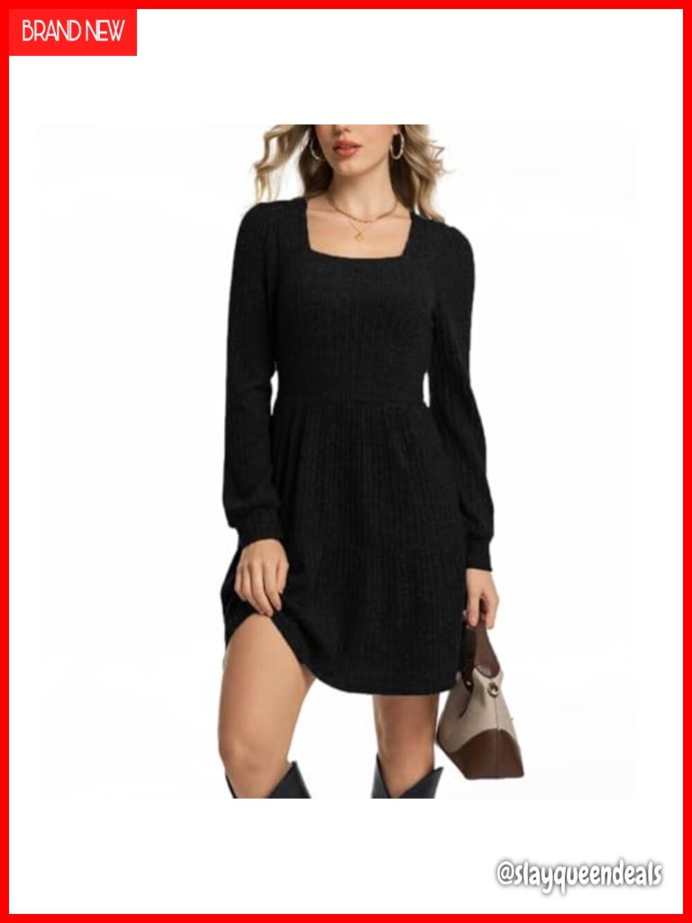 Square Neck Babydoll Knit Sweater Dress Long Sleeve Mini